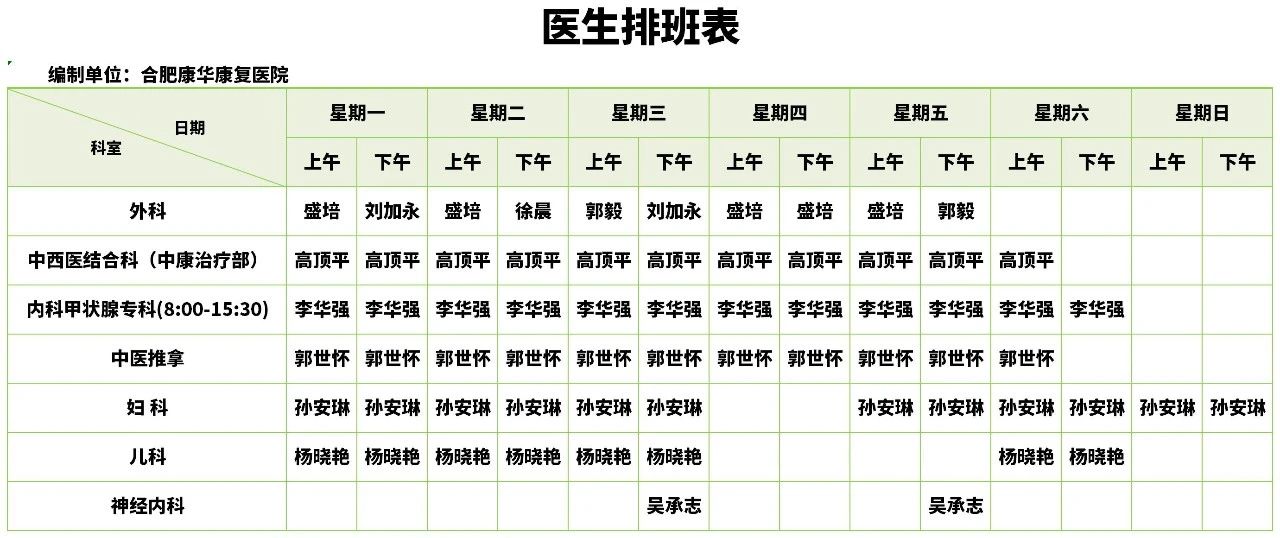 合肥康华康复医院|医院门诊排班表
